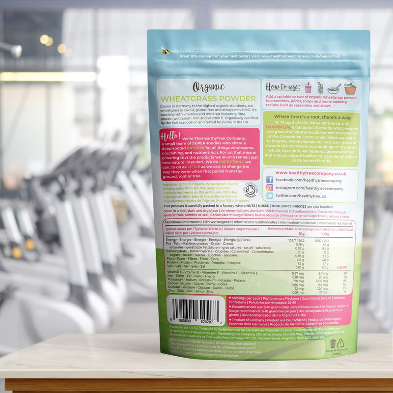 Organic Wheatgrass Powder by TheHealthyTree Company - High in Fibre, Vitamin E, Potassium and Iron - Pure Vegan Wheat Grass from Germany, Perfect in Green Juices (250g) 250 g (Pack of 1) - BeesActive Australia