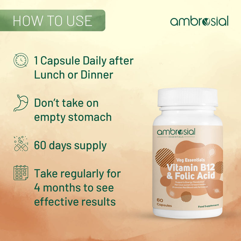 Ambrosial Vitamin B12 1000 mcg + 500 mcg Folic Acid | 1500 mcg | Folic Acid | Reduction of Tiredness & Fatigue | B12 Supplement | Immune System, Energy & Brain Support (Pack of 1-60 Capsules) 60 Count (Pack of 1) - BeesActive Australia