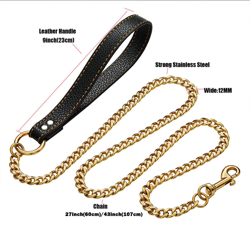 Rose Gold Chain Dog Leash,12MM Width Rose Gold Plated Strong Stainless Steel NK Link Chain with PU Leather Handle,Metal Leash for Small Medium,Large Dogs 4.3ft(52 inch) - BeesActive Australia
