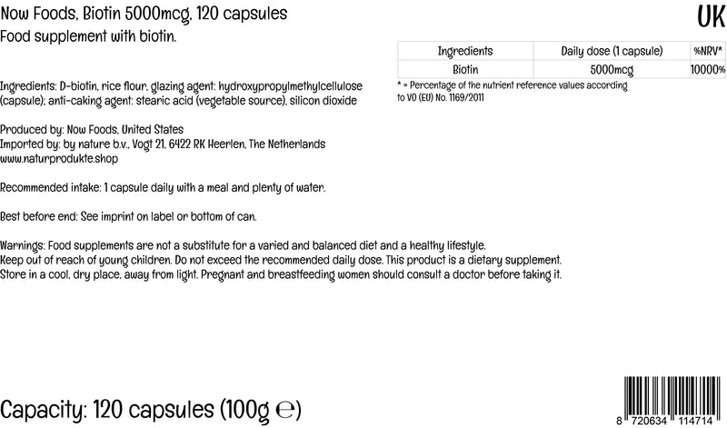 Now Foods, Biotin, 5.000mcg, Vitamin B7, Highly Dosed, 120 Vegan Capsules, Lab-Tested, Gluten Free, Soy Free, Vegetarian, Non-GMO - BeesActive Australia
