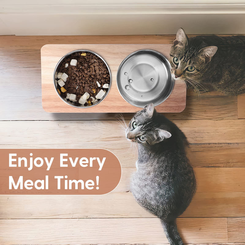 Siooko Elevated Cat Bowls, 15° Tilted Raised Cat Food Bowls Wood Pet Bowls with Stand Anti Vomiting 2 Stainless Steel Bowls for Cats and Puppy - BeesActive Australia