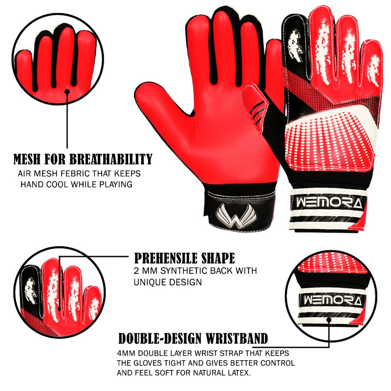 WEMORA Soccer Goalie Gloves for Kids Youth Junior Boys 4mm Anti Slip Latex Palm Grips Football Goalkeeper Gloves Red Size 5 suitable for 9 to 12 years old Ambidextrous - BeesActive Australia