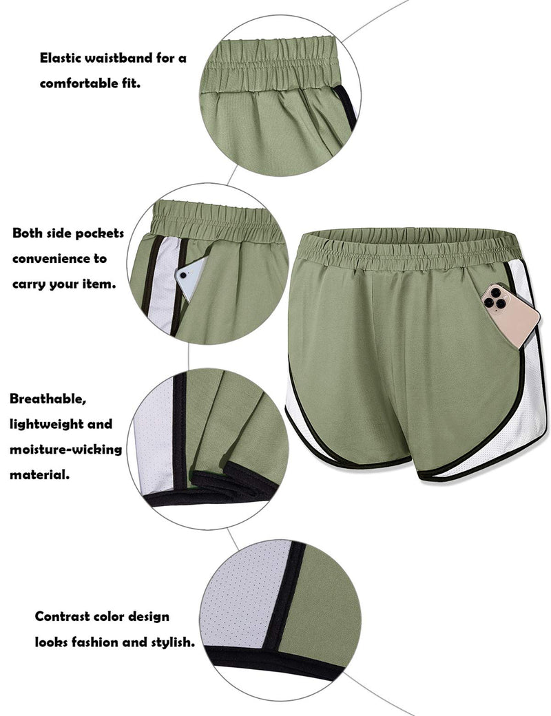 [AUSTRALIA] - Fulbelle Womens Double Layer Elastic Wasit Running Athletic Shorts with Pockets X-Large Green/White 