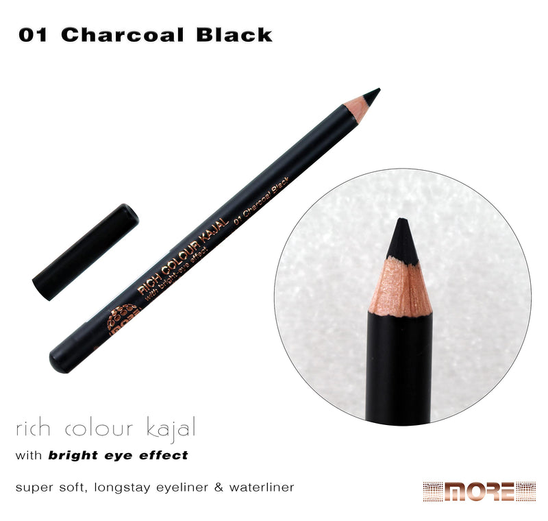 01 Black More Rich Colour Kajal bright eye effect eyeliner and waterliner inner eyelid Kohl 01 Charcoal Black - BeesActive Australia
