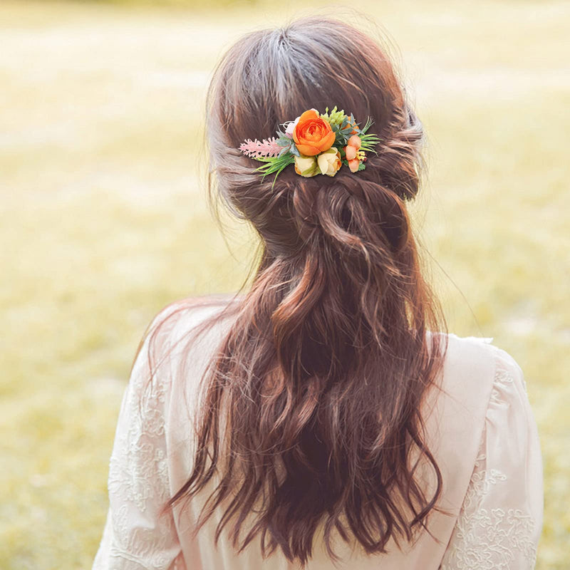 Flower Wedding Hair Comb Orange Floral Headpiece Artificial Bridal Prom Beach Hair Accessories for Women and Girls Wedding Sides Combs - BeesActive Australia