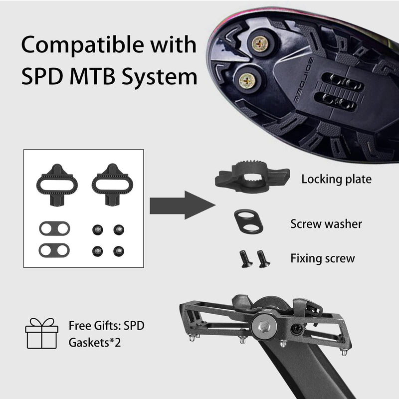 ROCKBROS Mountain Bike Pedals Aluminum Pedals Compatible with SPD Dual Function Clipless Pedals Flat Platforms Lightweight Anti-Skid 9/16 for Mountain Road Bicycles - BeesActive Australia