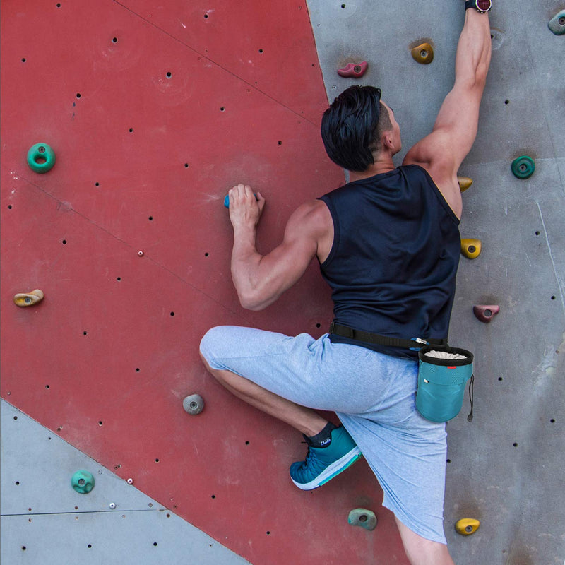 Rhino Valley Climbing Chalk Bag, No Leak Drawstring Closure Bag with Adjustable Belt, Carabiner Clip and Zippered Pockets for Climbing, Gymnastics, Cross Fit, Weight Lifting & More Light Blue - BeesActive Australia