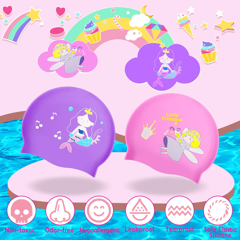 KFFPET 2 Pack Kids Swim Cap (Age 4-12), Durable Waterproof Silicone Swimming Cap for Kids Long Hair Short Hair, Children Cartoon Swimming Hat for Boys Girls purple & pink - BeesActive Australia