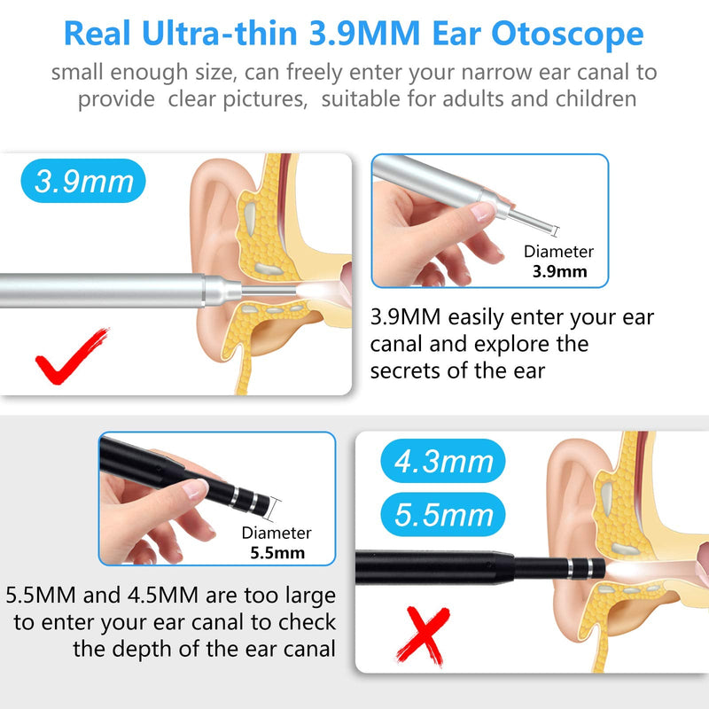 WiFi Otoscope Ear Wax Removal Kit-OVIFM 3.9mm Upgraded Ear Camera,1080P HD Wireless Ear Cleaner with 6 LED Lights,Ear Wax Removal Tool with Storage Box,Phone Holder for iPhone,Android and iPad Silver&black - BeesActive Australia