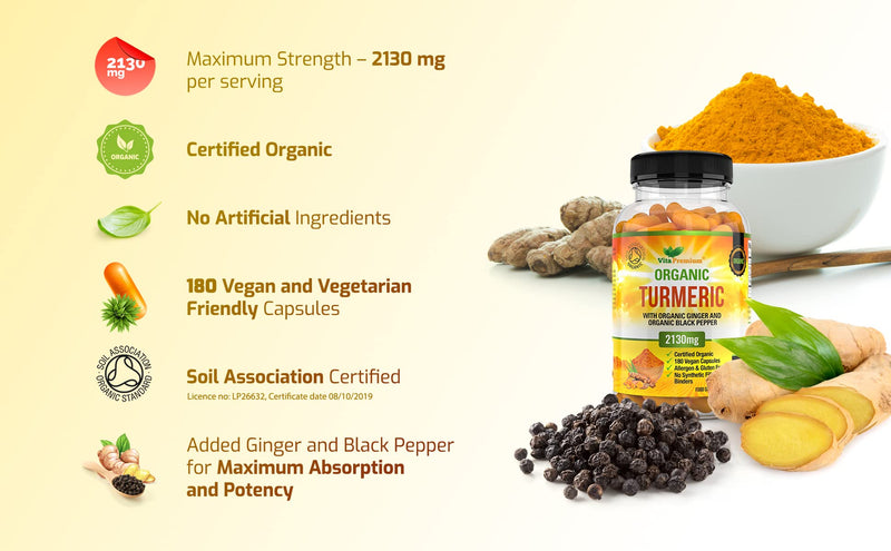 Organic Turmeric Curcumin 2130mg with Organic Ginger and Organic Black Pepper - 180 Vegan Capsules (6 Month Supply) - High Strength Tumeric Supplement - BeesActive Australia