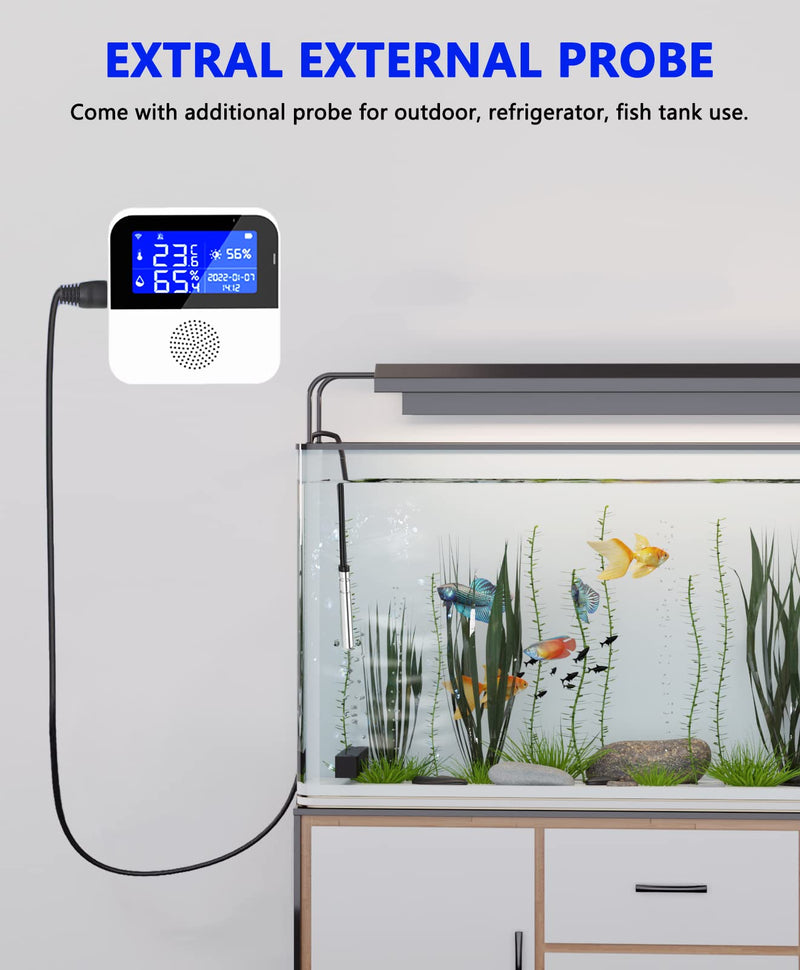 Room Thermometer Hygrometer with Extra Probe, 2.9" Backup Battery Buzzer Alarm & App Notification Alert Aquarium Temperature Humidity Gauge, Backlight Switch Humidity Monitor Support Alexa Google Home 2.9'' Screen - BeesActive Australia