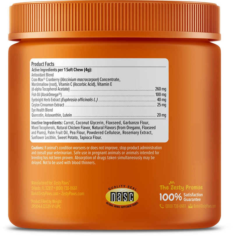 Zesty Paws Tear Stain Support Soft Chews for Dogs - for Eye Moisture + Vision & Immune Support - Functional Supplements with Fish Oil, Lutein, Cranberry & Vitamin C - Chicken Flavor 90 Count - BeesActive Australia