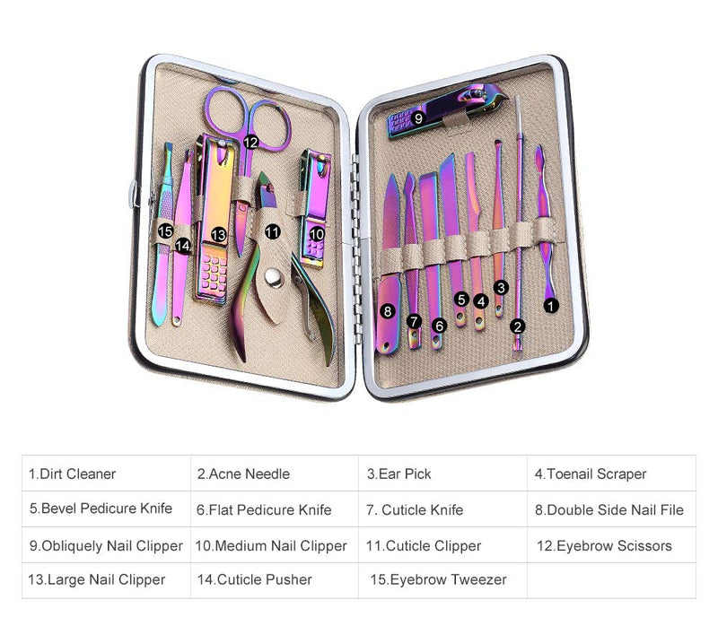 15 Pcs Nail Clippers, Rainbow Color Toenail Clippers Manicure Set Pedicure Tools Nail Clippers for Women Stainless Steel Nail Clippers Nail Clipper Set Provide Hands Foot and Face Care for Men Women - BeesActive Australia