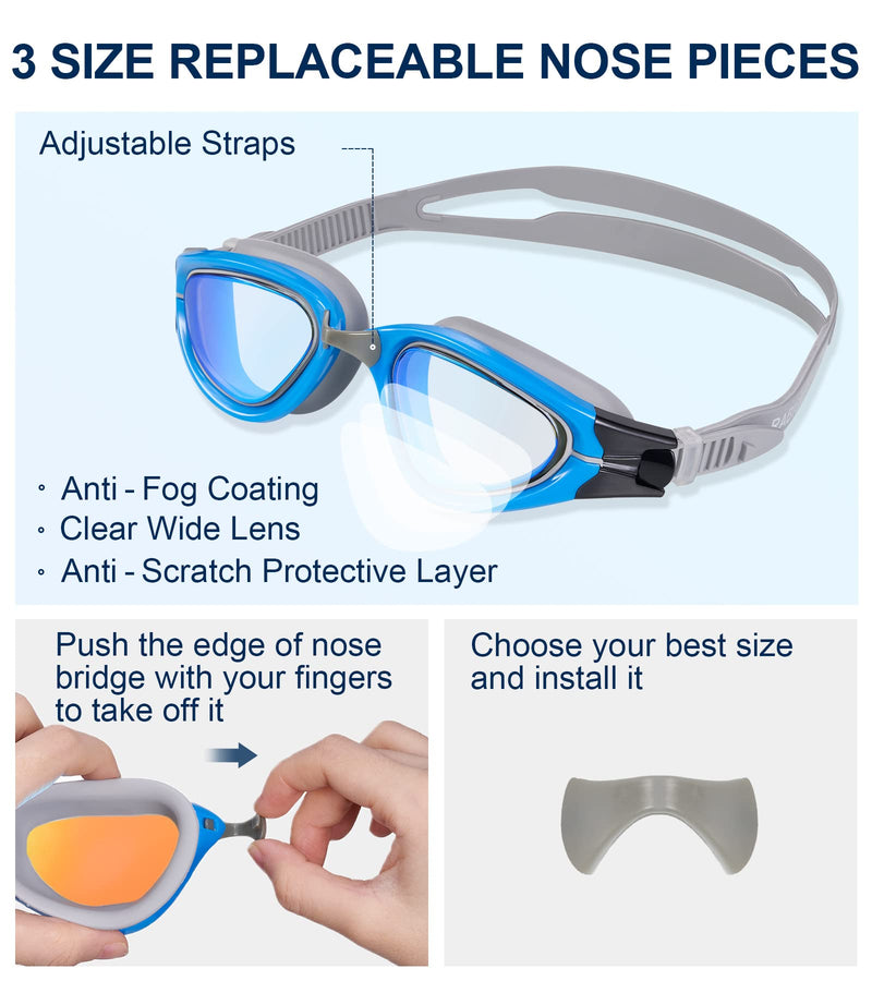 Swim Goggles Swimming Goggles Anti-Fog Mirrored Goggles with 3 Nose Pieces for Women Men Adult Blue - BeesActive Australia