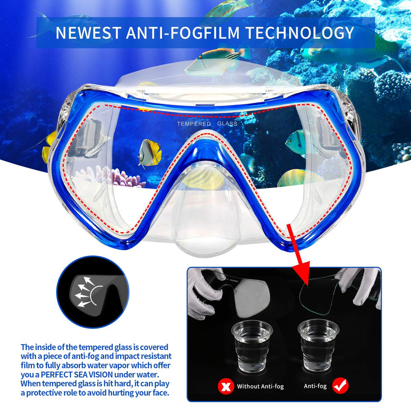 [AUSTRALIA] - Supertrip Snorkel Set Adults-Anti-Fog Film Scuba Snorkeling Diving Mask with Impact Resistant Temperred Glass|Dry Top Snorkel,2 Mouthpieces 1 Waterproof Case Included Blue-set 