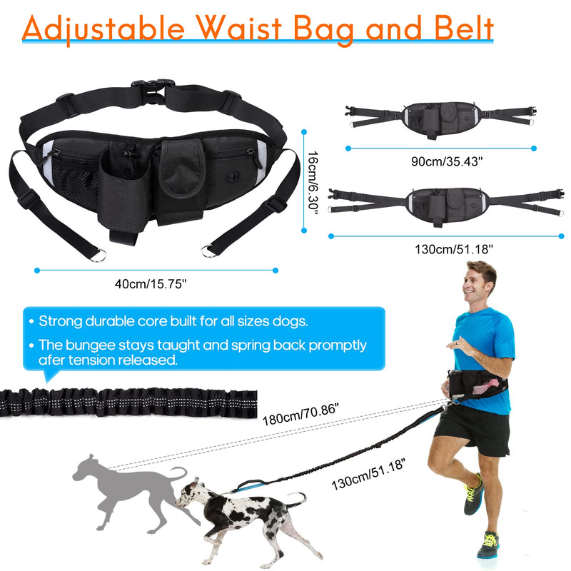Hands Free Dog Leash with Waist Bag for Walking Small Medium Large Dogs, Reflective Bungee Leash with Car Seatbelt Buckle and Dual Padded Handles, Adjustable Waist Belt Black 2 dogs - BeesActive Australia