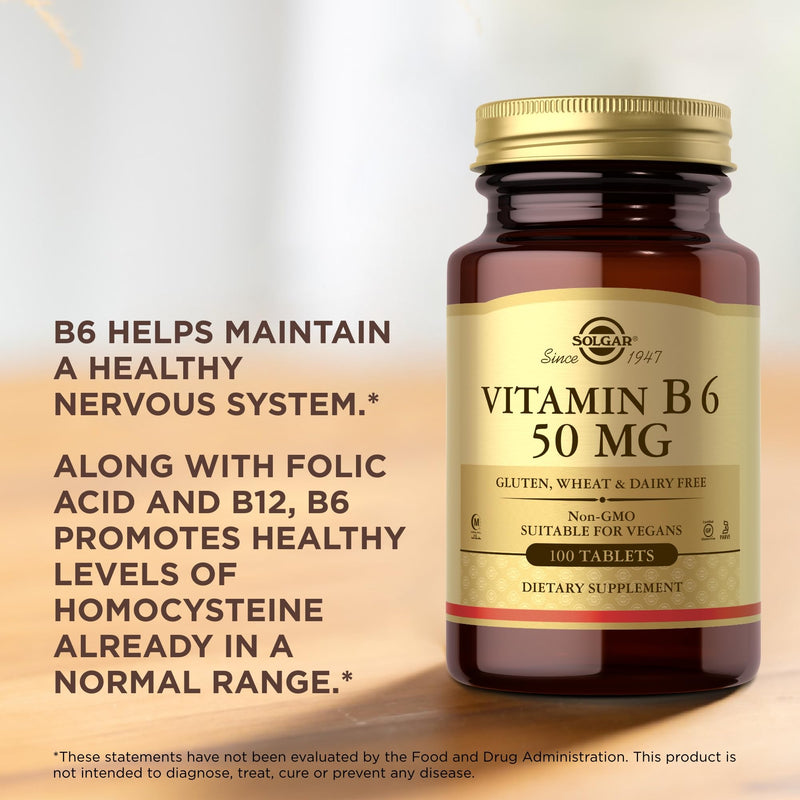 Solgar Vitamin B6 50 mg Tablets - Pack of 100 - Metabolism and Immune Support - Balanced Hormones and Red Blood Cell Formation - Vegan and Gluten Free - BeesActive Australia