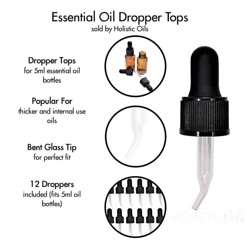 Dropper Top Inserts For 5 mL Small Essential Oil Bottles - Bent Tip, Glass, Leakproof - Fits Doterra, Young Living - 12 Pack Eye Pipette Droppers - BeesActive Australia