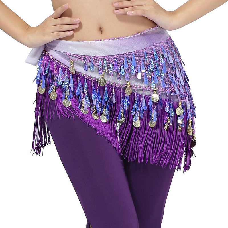 [AUSTRALIA] - ZLTdream Women's Belly Dance Tassels Triangle Hip Scarf With Coins Sequins One Size Purple 