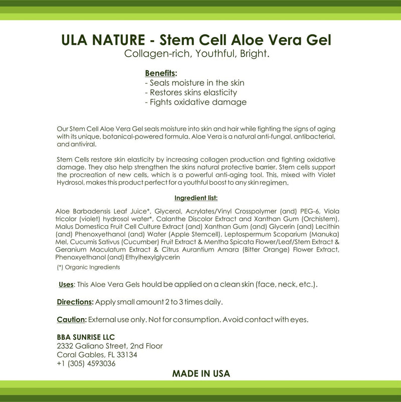 ULA NATURE | Aloe Vera Gel Made in USA, Stem Cell Therapy w/Organic Aloe Vera for Face & Body Care, Sunburn, package of 8 fl. oz. 1 - BeesActive Australia