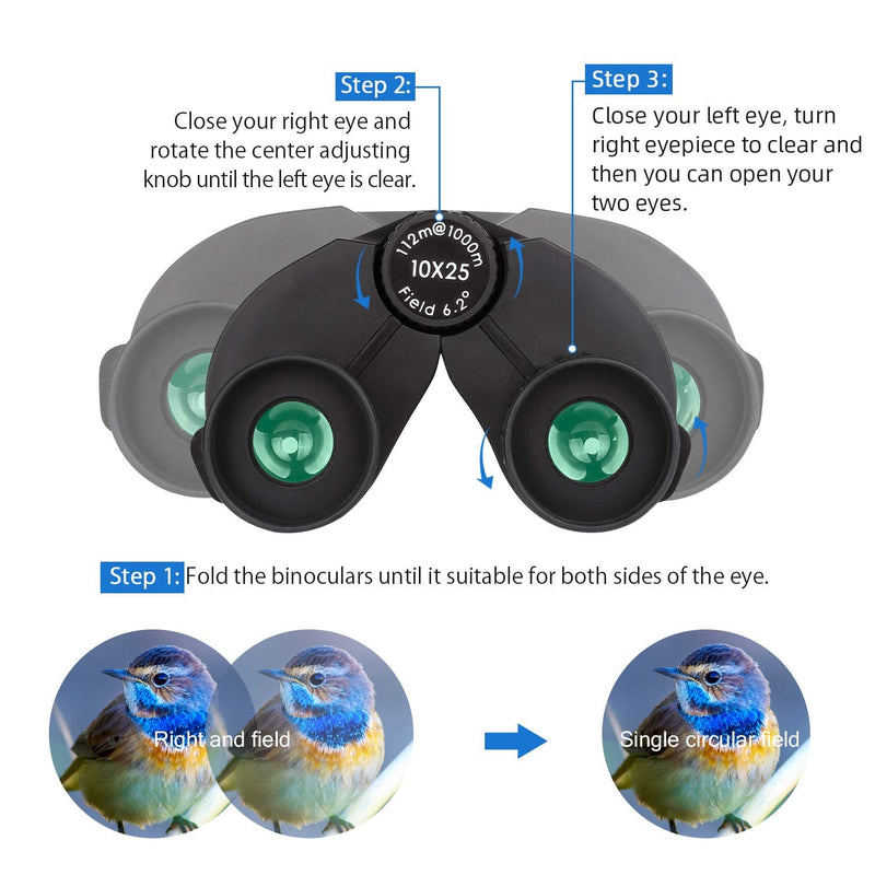 10x25 Compact Binoculars, High Powered Binoculars for Adults with Low Light Night Vision, Easy Focus Binoculars Clear for Bird Watching, Outdoor Sports Games and Concerts Black - BeesActive Australia