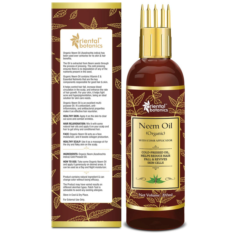 Oriental Botanics Organic Neem Oil 200ml for Hair and Skin Care - With Comb Applicator - Pure Oil with No Mineral Oil, Silicones - BeesActive Australia