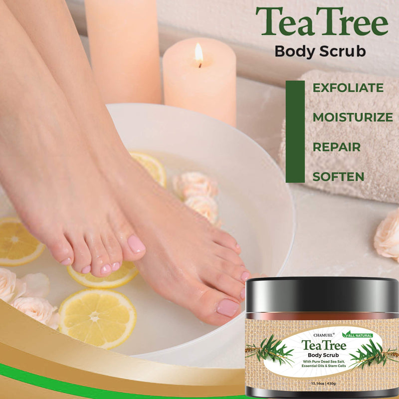 Chamuel Tea Tree Body & Foot Scrub - 100% Natural Exfoliating Body Scrub with Dead Sea Salt, Plant-based Stem Cells, Ginger & Essential Oils– Rejuvenates & Soothes Dead & Dry Skin (15.1oz) - BeesActive Australia