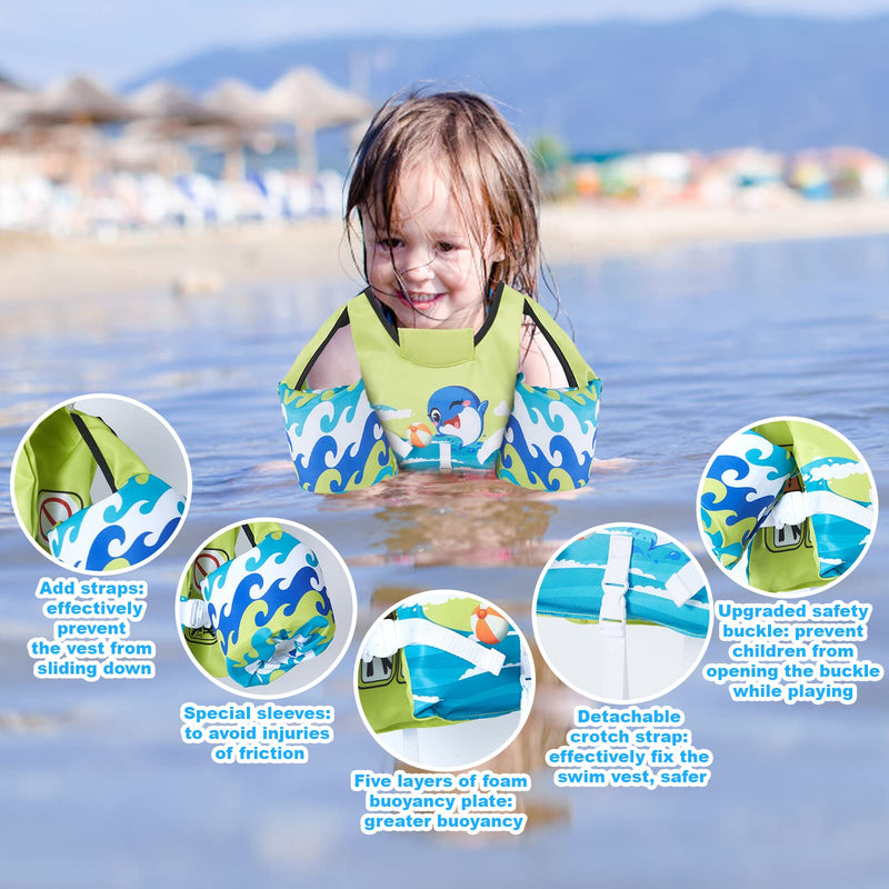 Hurdilen Kids Swim Vest for 22-66 Pounds Boys and Girls, Toddler Floaties with Shoulder Harness Arm Wings for 2 3 4 5 6 7 Years Old Baby Children Sea Beach Pool Dolphin - BeesActive Australia