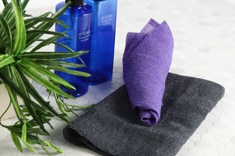Extra Rough, Exfoliating Washcloth [Made in Japan] Exfoliating Towel Special Texture Makes Fluffy Foam Lather, Back Scrubber, Dead Skin Cell Remover [Loofah for Women and Men] (2pcs Set) 2pcs Set(black, Purple) - BeesActive Australia
