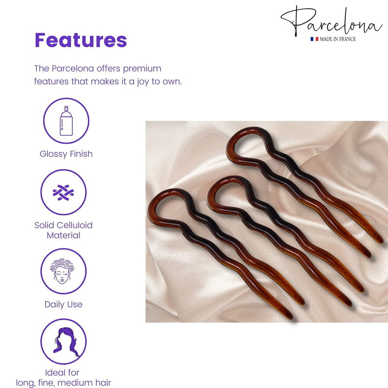 Parcelona French Sleek Brown Tortoise Shell Large 3 1/2" Celluloid Made in France Set of 3 Wavy Crink U Shaped Chignon Hair Pins Updo Bun Pin Sticks for Women and Girls 3 Count (Pack of 1) - BeesActive Australia