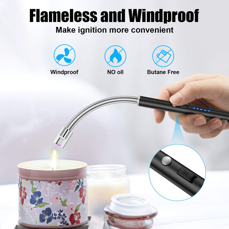 Candle Lighter, Rechargeable Electric Arc Lighter with 360° Flexible Neck LED Battery Display and Flameless Windproof Triple Safety Long Lighter (Black) Black - BeesActive Australia