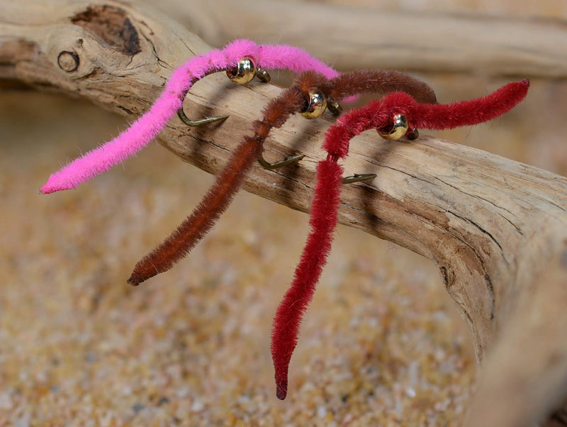 Tungsten Bead Head San Juan Worm Fishing Flies - 1 Dozen on Mustad Signature Fly Hook Size 14 - Available in Red, Pink, Brown or Assorted - BeesActive Australia