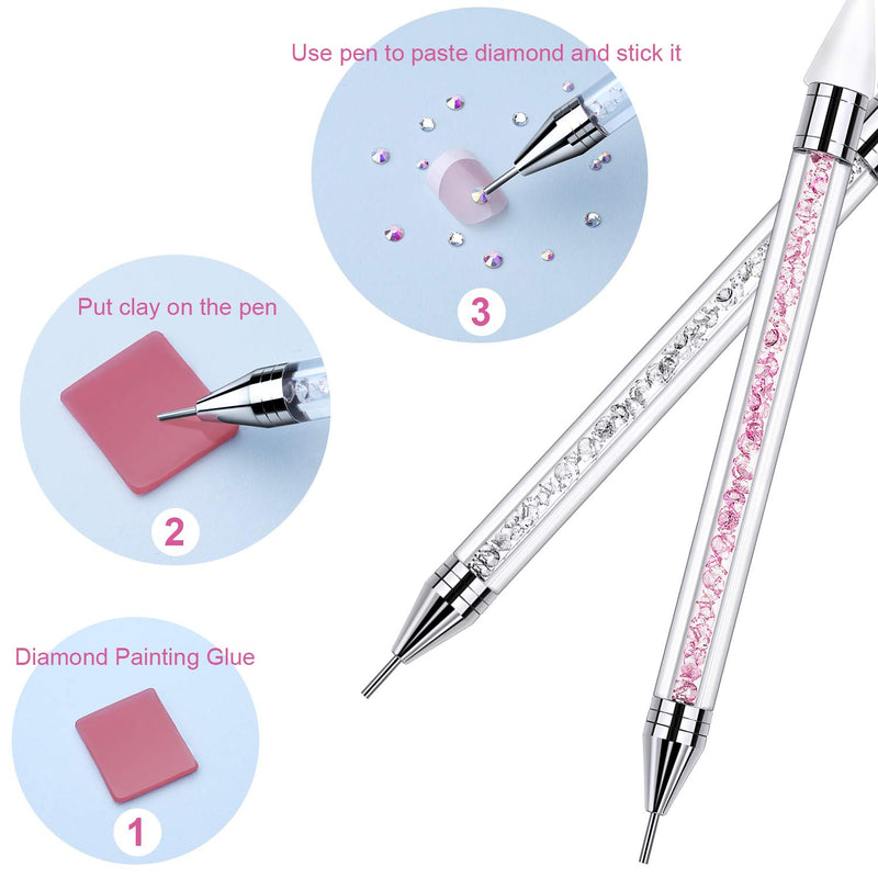 2 Pieces Rhinestone Picker Dotting Pen, Dual-ended Rhinestone Gems Crystals Studs Picker Wax Pencil Pen Crystal Beads Handle Manicure Nail Art DIY Decoration Tool (Pink White) Pink White - BeesActive Australia