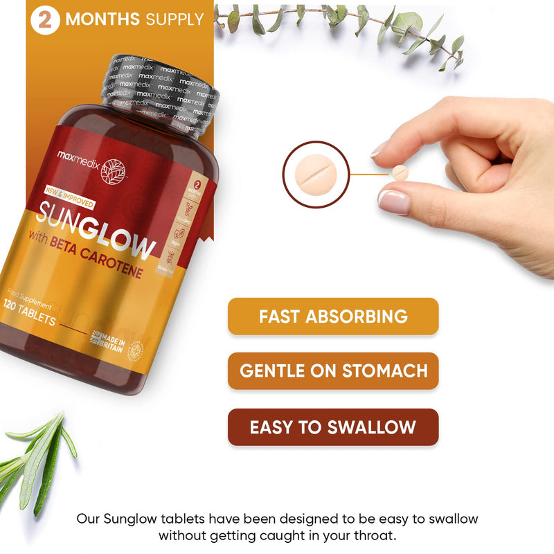 Sunglow Tanning Tablets - 120 Vegan Tablets (2 Months Supply) - with Beta Carotene, Vitamin B3, Zinc, Copper, Vitamin B2 & Iodine - Natural & Safe Tanning Process - Gluten & GMO-Free - Britain Made - BeesActive Australia