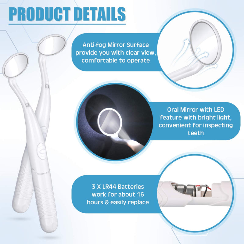 Dental Mirror Light Tooth Anti Fog Illuminated Tool Mouth Inspection with LED White Dental Mirror Oral Mirror with Battery for Dental Care - BeesActive Australia