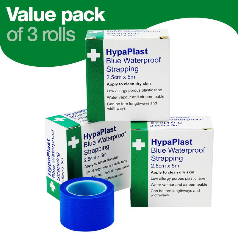 HypaPlast Blue Waterproof First Aid Tape for securing Plasters and Dressings, 2.5 cm x 5m, Pack of 3 Rolls - BeesActive Australia