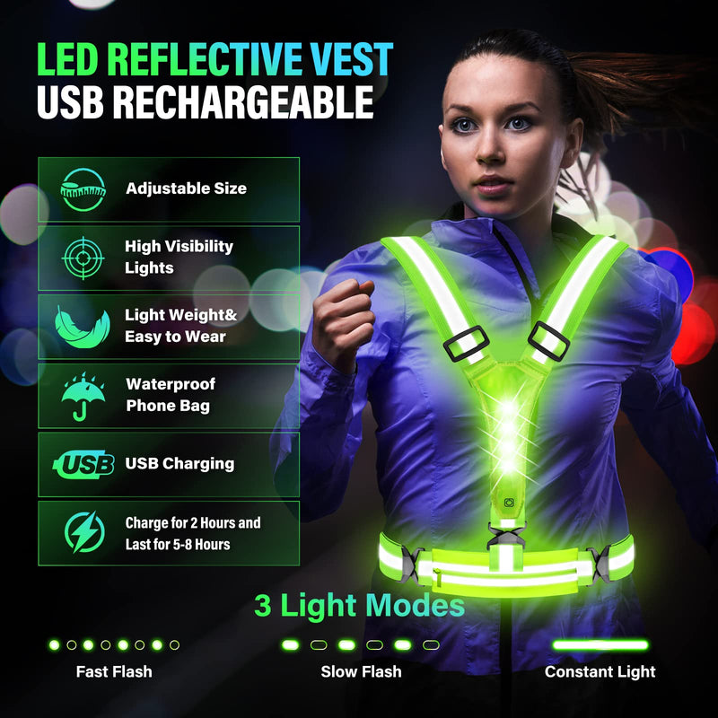 Upgraded LED Reflective Vest Running Gear, USB Rechargeable Reflective Light Up Running Vest with Waterproof Phone Bag,High Visibility Night Running Gear with Adjustable Waist&Shoulder for Men Women - BeesActive Australia