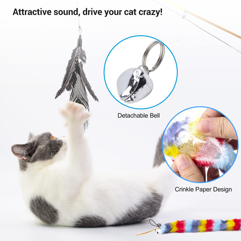 Cat Fishing Pole Toy, 1 Retractable Cat Wand 4 Replacement Attachments with Feathers Fish Dragonfly Caterpillar with Crinkle Paper Interactive Kitten Toys Gifts with Detachable Bells Nylon Rope 5PCS CAT FISHING POLE TOY - BeesActive Australia
