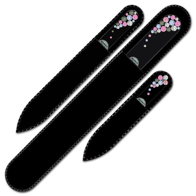 Set of 3 Glass Nail Files Hand Decorated with Swarovski Elements, in Black Velvet Sleeve, Genuine Czech Tempered Glass, Hand-Made Crystal Nail Files Light Sapphire - BeesActive Australia