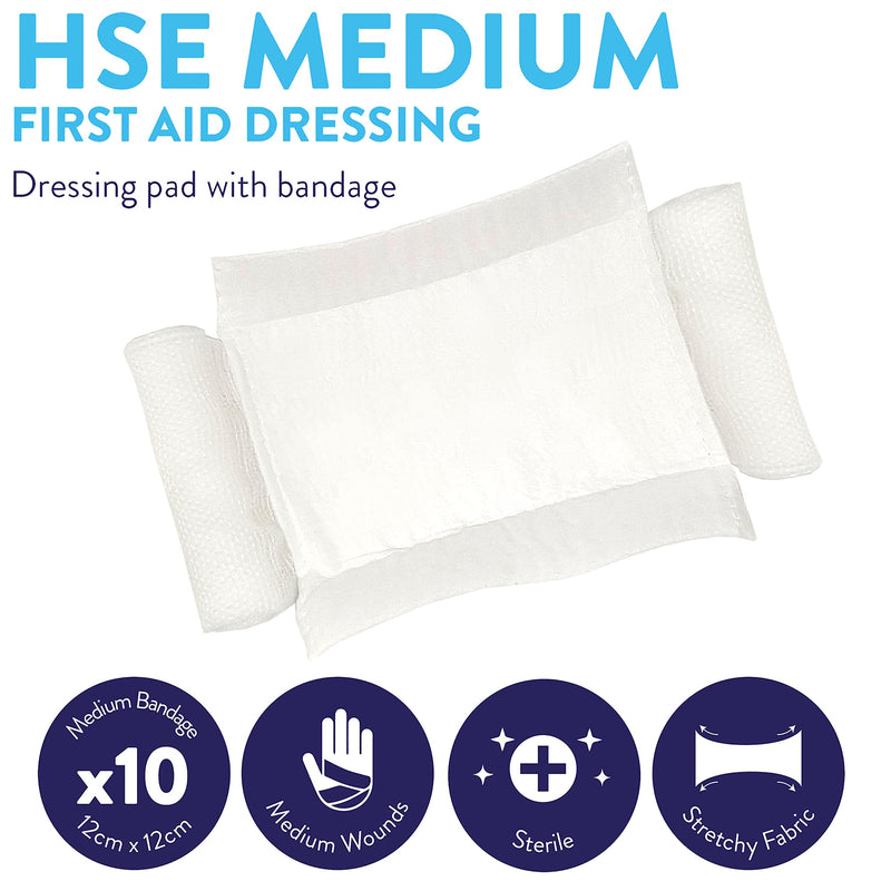 JFA Medical HSE Medium Sterile First Aid Wound Dressing Bandage with Pad 12 x 12cm - Pack of 10 Bandages 10 Count (Pack of 1) - BeesActive Australia