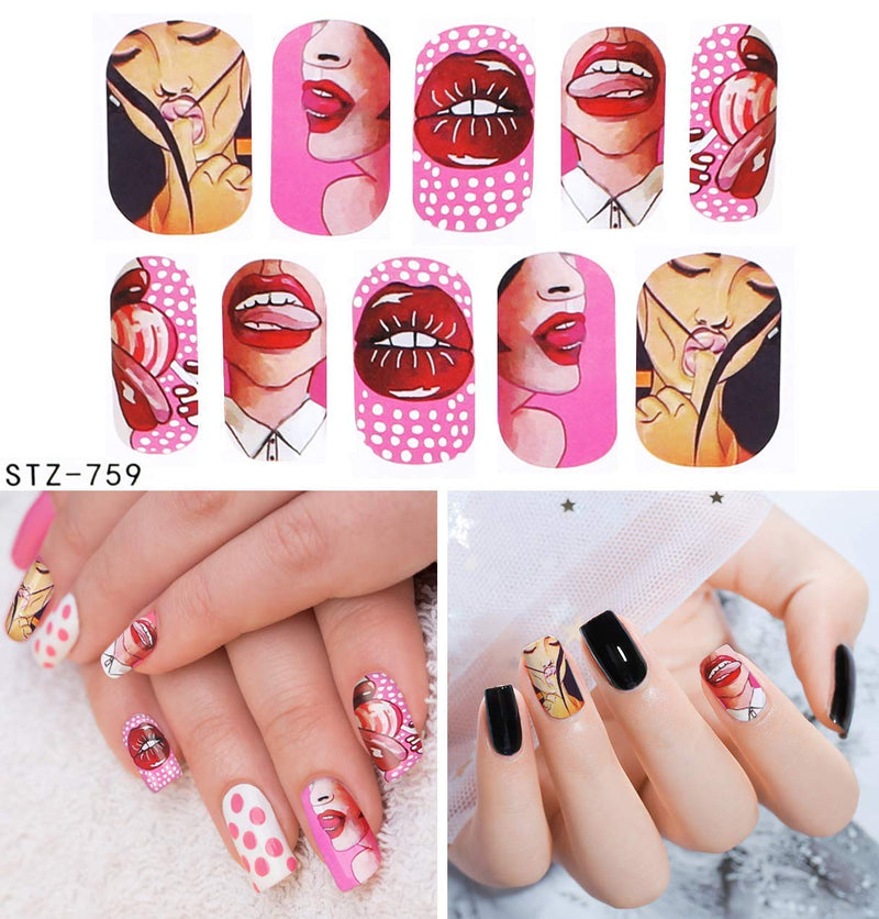 Nail Stickers Nail Art Accessories Decals for Women Sexy Lips Cool Girl Rose Nail Art Stickers Manicure Water Transfer Nail Applique Tip Charms 9 Sheets - BeesActive Australia