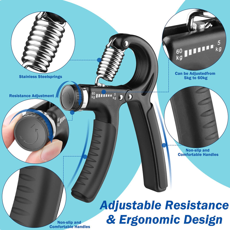 AIXPI Grip Strength Trainer, Hand Grip Exerciser Strengthener with Adjustable Resistance 11-132 Lbs (5-60kg), Forearm Strengthener, Hand Exerciser for Muscle Building and Injury Recover black-2pack - BeesActive Australia