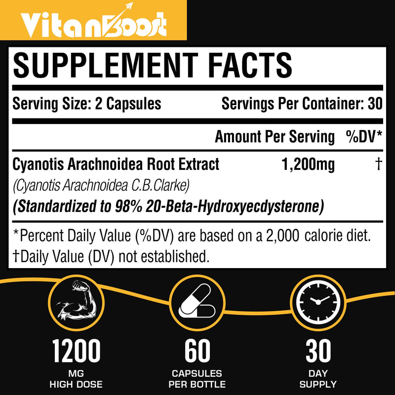 Beta Ecdysterone Supplement 1200mg | Increases Lean Muscle Mass, Exercise Performance, Strength and Protein Synthesis, 98% Maximum Purity Formulated for Enhanced Absorption 60 Capsules|1 Month Supply 60Count (Pack of 1) - BeesActive Australia