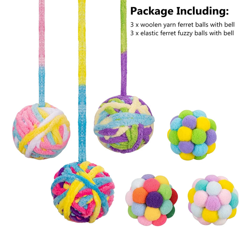 HAICHEN TEC 6 Pack Ferret Toys Ball Set - Woolen Yarn Ferret Balls with Built-in Bell Soft Colorful Pompom Balls Interactive Sound Toy Exercise Scratch Play Chew Toys for Indoor Pet Ferret Cat Kitten - BeesActive Australia