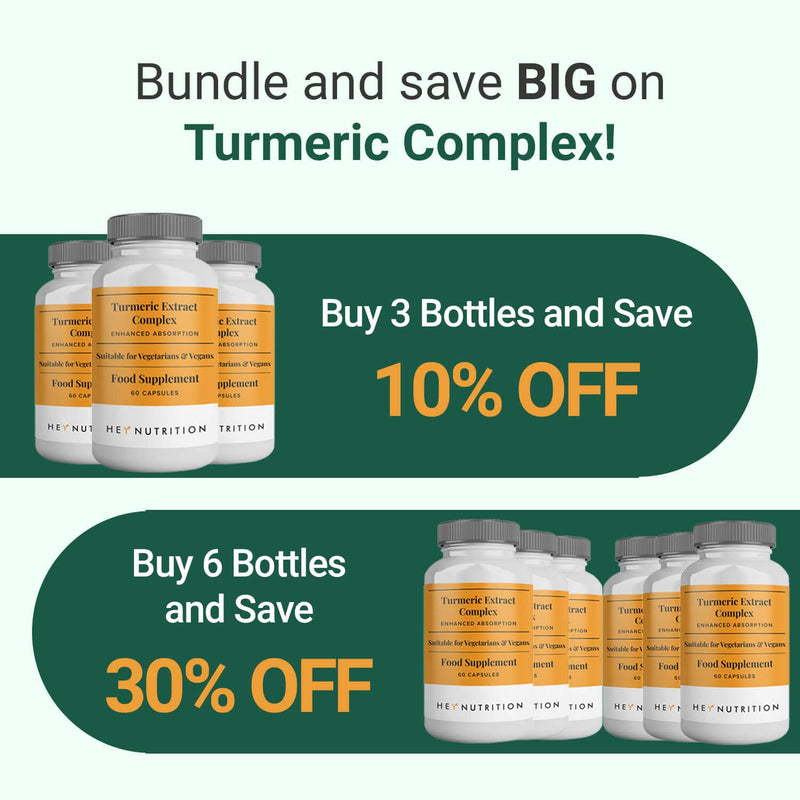 Hey Nutrition Turmeric Extract Complex - Vitamin D3 & C, Black Pepper Extract - Support Muscle & Joint Relief - Maximum Potency & Enhanced Absorption - UK Manufactured - 60 Vegan Capsules 60 Count (Pack of 1) - BeesActive Australia