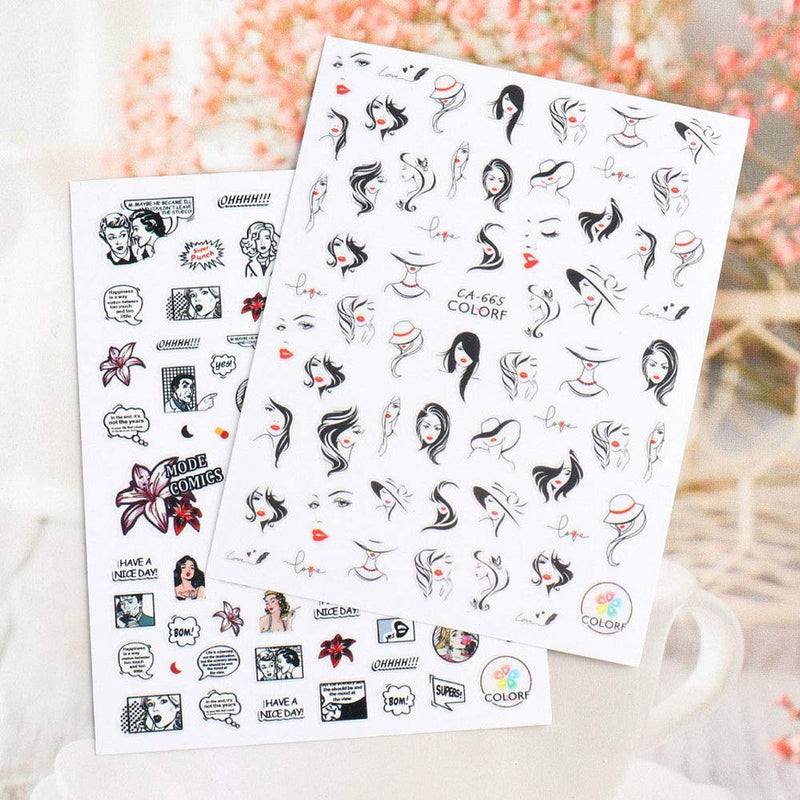 Lookathot 5Sheets Self-ahesive 3D Nail Art Stickers Decals Facebook Retro Portrait Pattern DIY Decoration Accessories Manicure Tools - BeesActive Australia