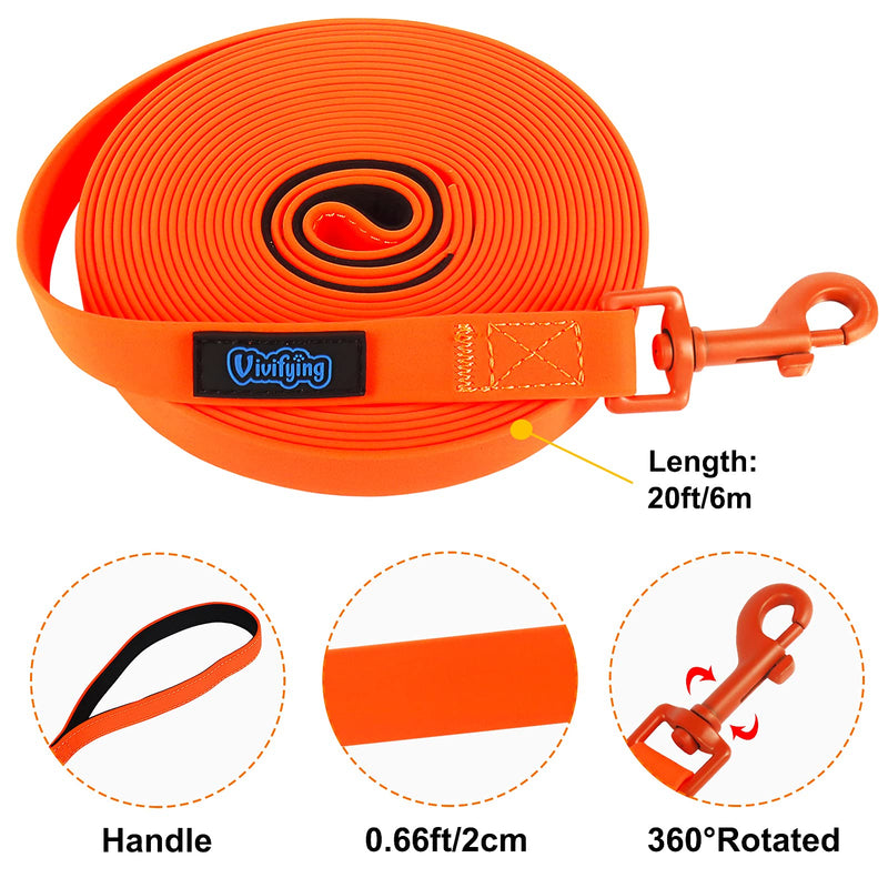 Vivifying Waterproof Dog Leash, 6/20/32ft Dog Training Leash Durable PVC Coated Webbing Long Leash with Soft Handle for Camping, Backyard Playing, Beach and Lake Orange 20ft - BeesActive Australia