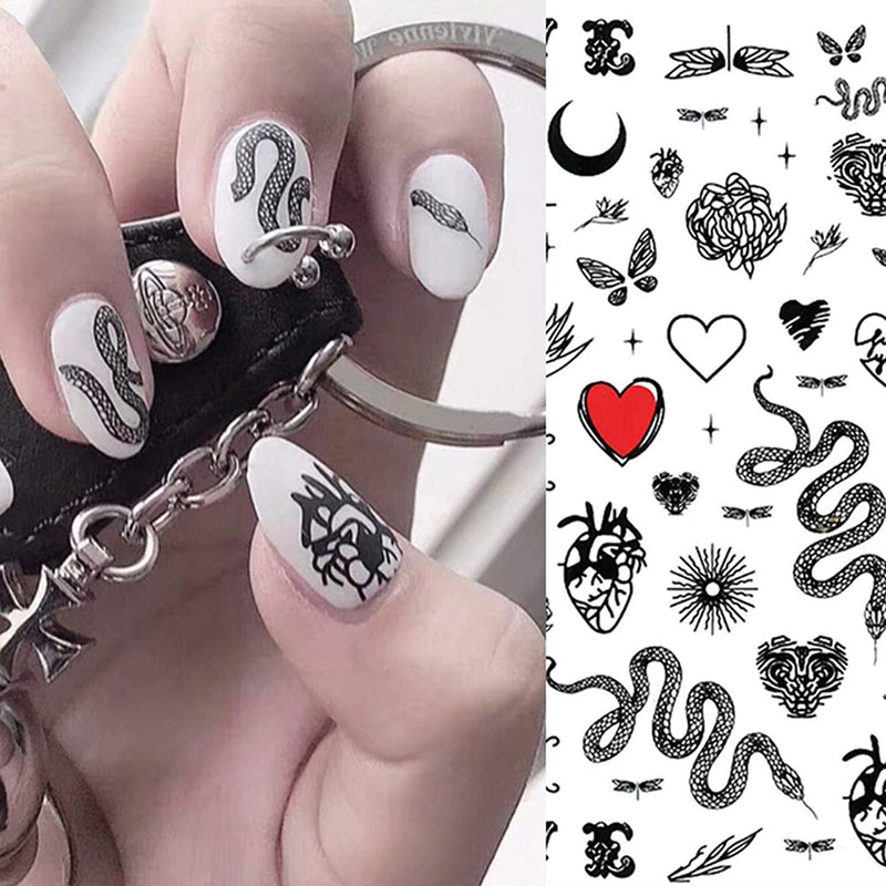 6 Sheets Hot Snake Dragon 3D Self-Adhesive Nail Art Stickers,Black White Python Flower Dragon Love Leaves Nail Decals for Acrylic Nail Supplies,DIY Cool Street Fashion Nail Decorations - BeesActive Australia