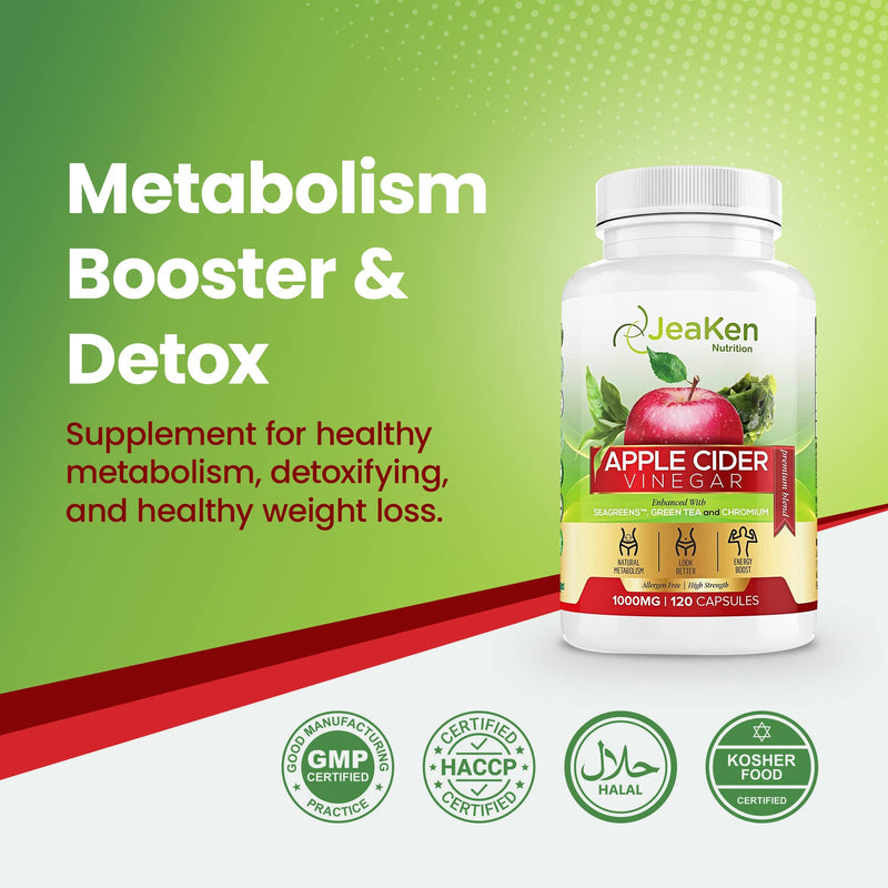 JeaKen - Apple Cider Vinegar with Seagreens and Green Tea, Apple Cider Vinegar Gummy and Apple Cider Vinegar Tablets Alternative, Supports Metabolism, Slimming, Energy and Detox, 1000mg, 120 Capsules 120 Count (Pack of 1) - BeesActive Australia