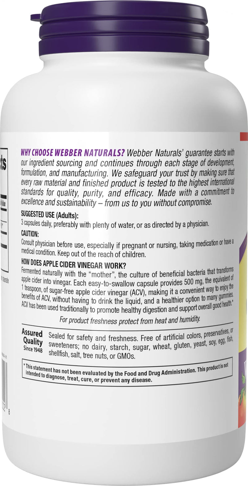 Webber Naturals Apple Cider Vinegar Pills, 1,500 mg per Serving, High Potency, 240 Capsules, Natural Digestion, Metabolism, Weight & Detox Support, Non-GMO, Gluten, Dairy & Sugar Free - BeesActive Australia